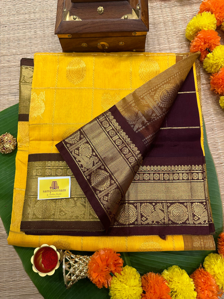 Mambazha Manjal with Brown Mayil Chakram Silk Cotton Saree