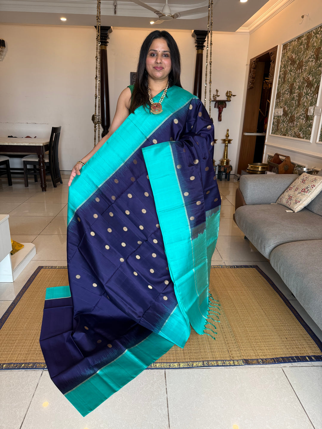 Dark Blue with Light Blue , rich zari rudraksh butta in the body and  grand Pallu , pure soft silk saree