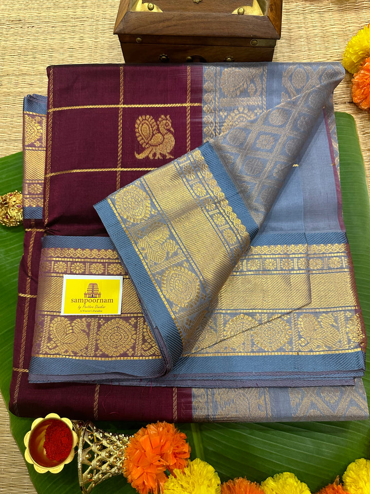 Dark Maroon with Grey Mayil Chakram Silk Cotton Saree