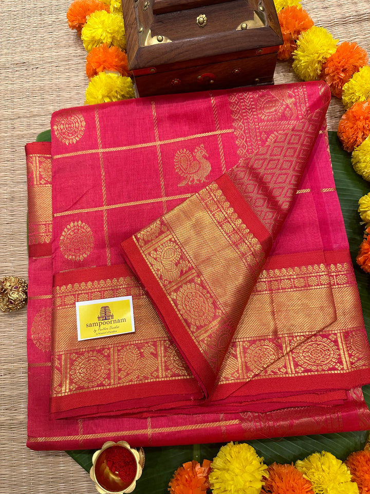 Pinkish Kanakambaram Mayil Chakram Silk Cotton Saree