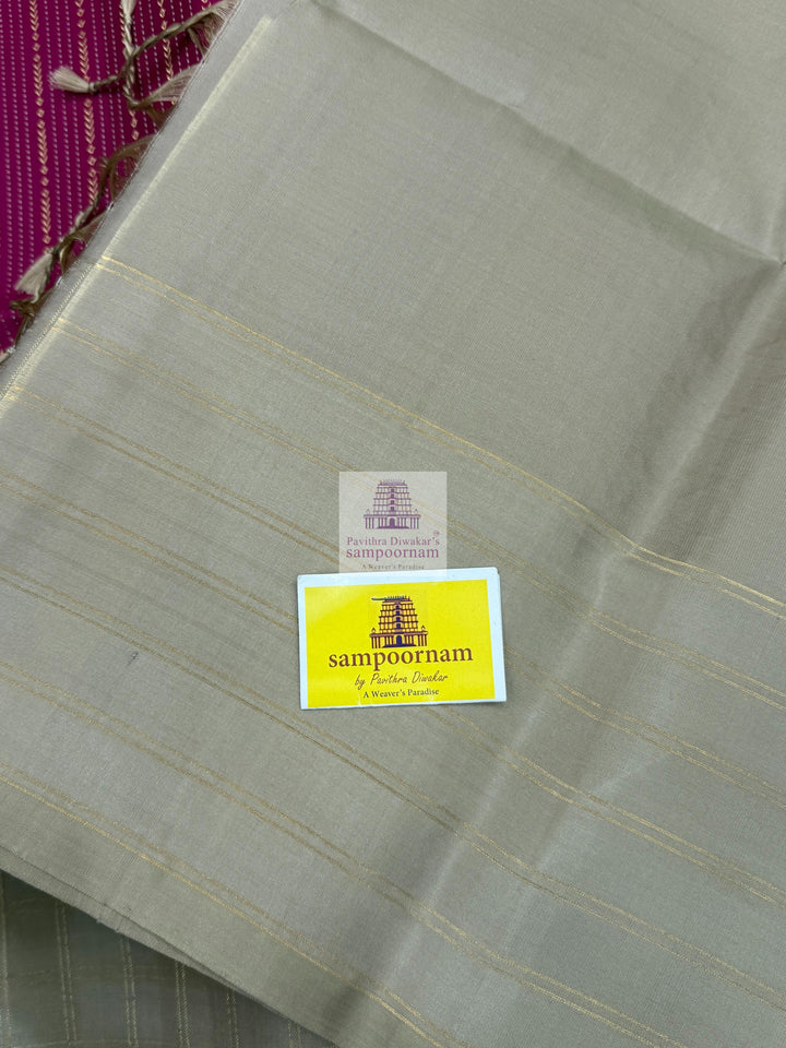 Vadamalli with Beige , Zari checks in the border , Vertical Gold and Silver lines in the body and rich Pallu Pure Soft Silk Saree