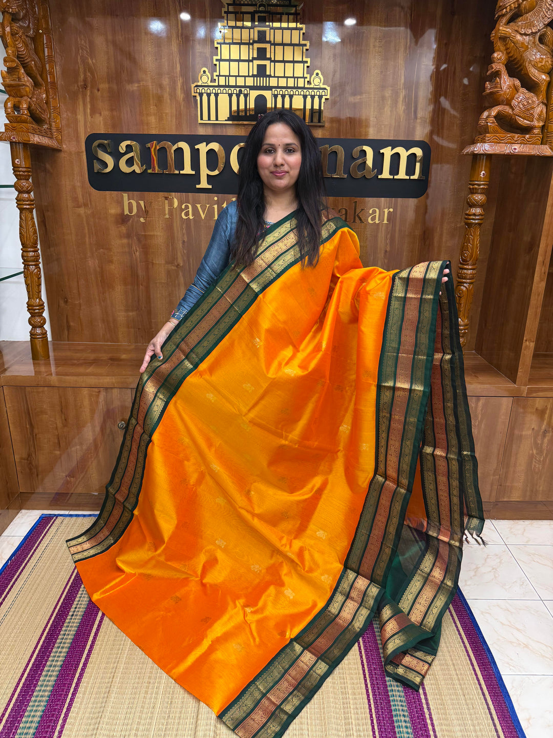 Mambazha Manjal with Green, Rich Mango Zari butta in the body and Traditional Kanchi borders & rich Pallu, Korvai Silk Cotton Saree