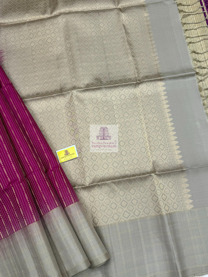 Vadamalli with Beige , Zari checks in the border , Vertical Gold and Silver lines in the body and rich Pallu Pure Soft Silk Saree