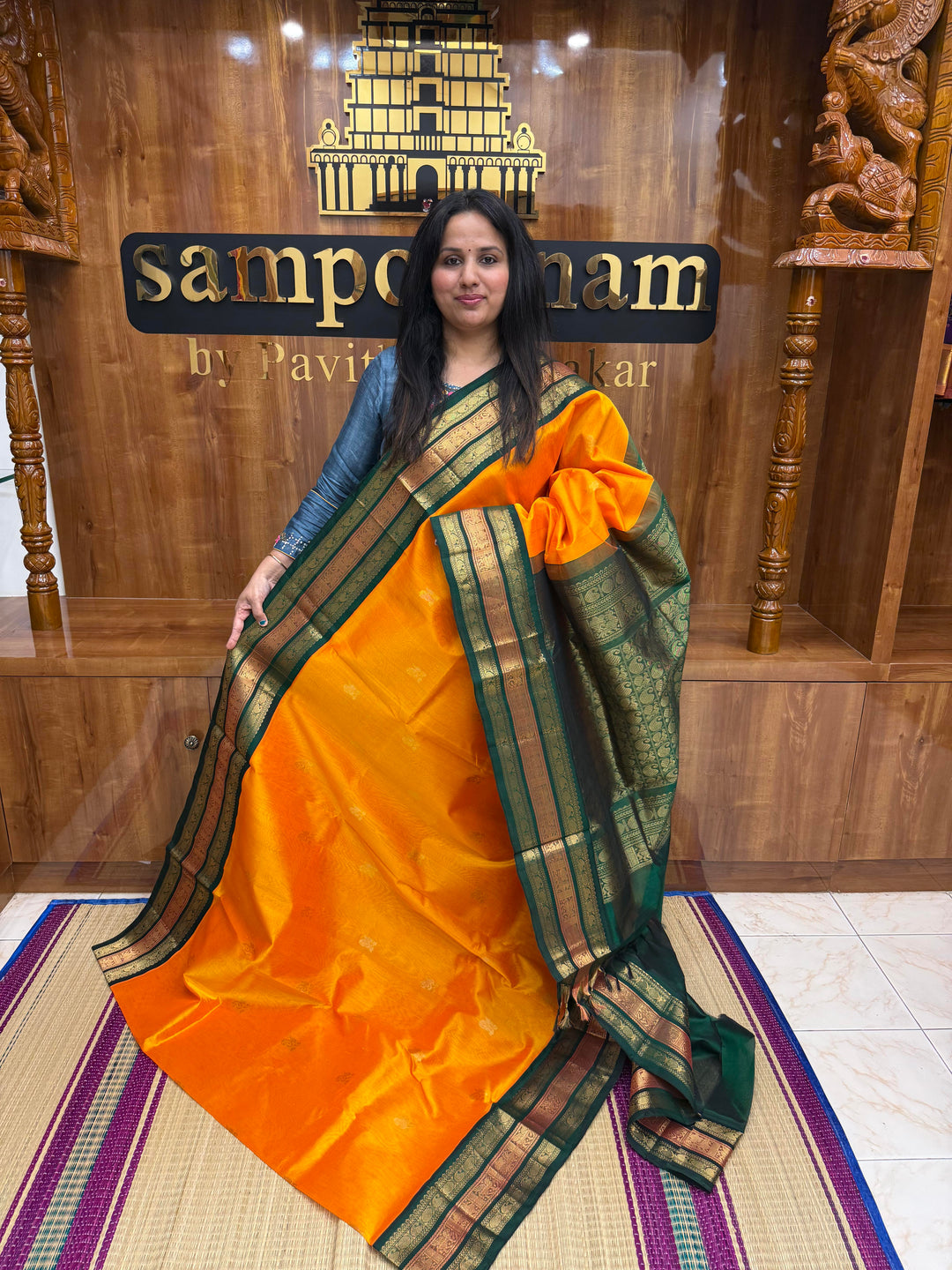 Mambazha Manjal with Green, Rich Mango Zari butta in the body and Traditional Kanchi borders & rich Pallu, Korvai Silk Cotton Saree