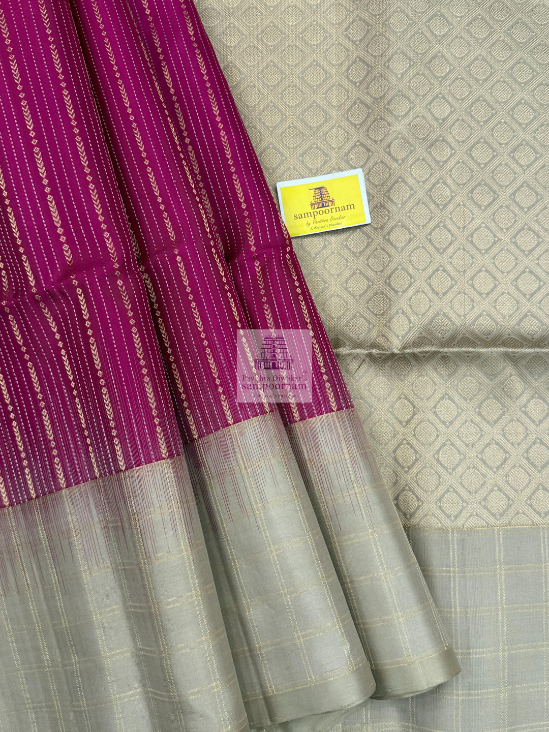 Vadamalli with Beige , Zari checks in the border , Vertical Gold and Silver lines in the body and rich Pallu Pure Soft Silk Saree