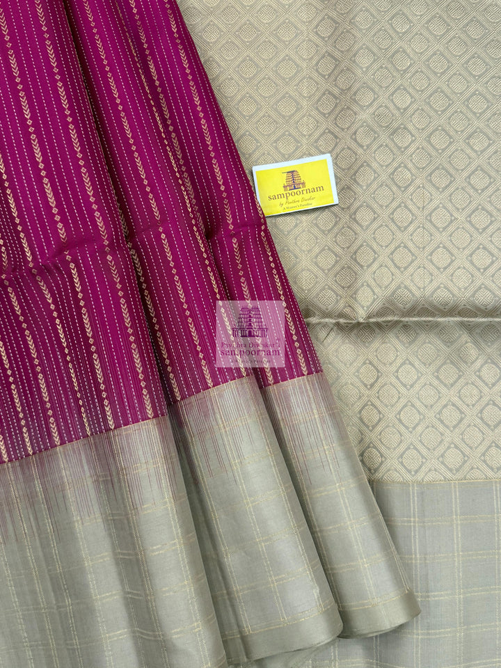Vadamalli with Beige , Zari checks in the border , Vertical Gold and Silver lines in the body and rich Pallu Pure Soft Silk Saree