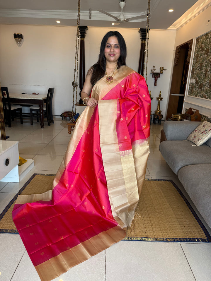 Dark Pink with Beige , Zari Mayil butta in the body and grand  Pallu , pure soft silk saree