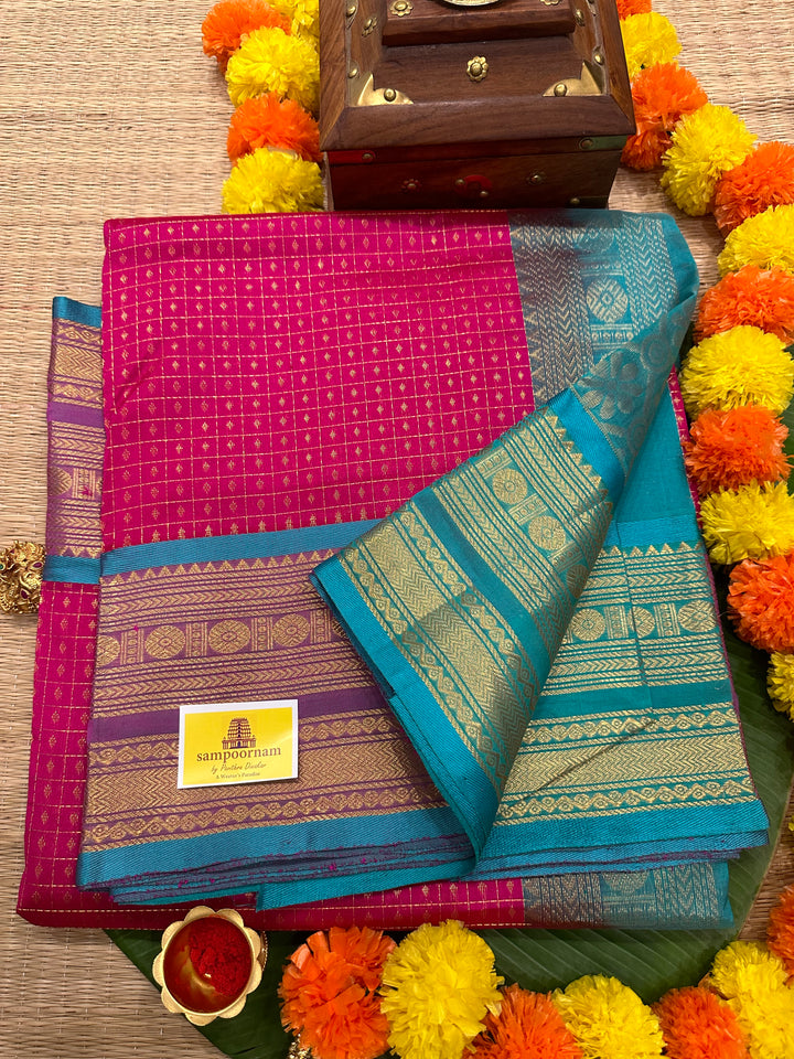 Magenta with Turquoise Blue Zari Lakshadeepam Silk Cotton Saree