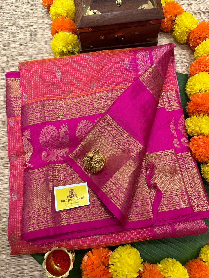 Pink with Magenta Zari Podi Kattam with Silver Butta in the Body and Satin Peacock Motif Border and Rich Pally Korvai Silk Cotton Saree