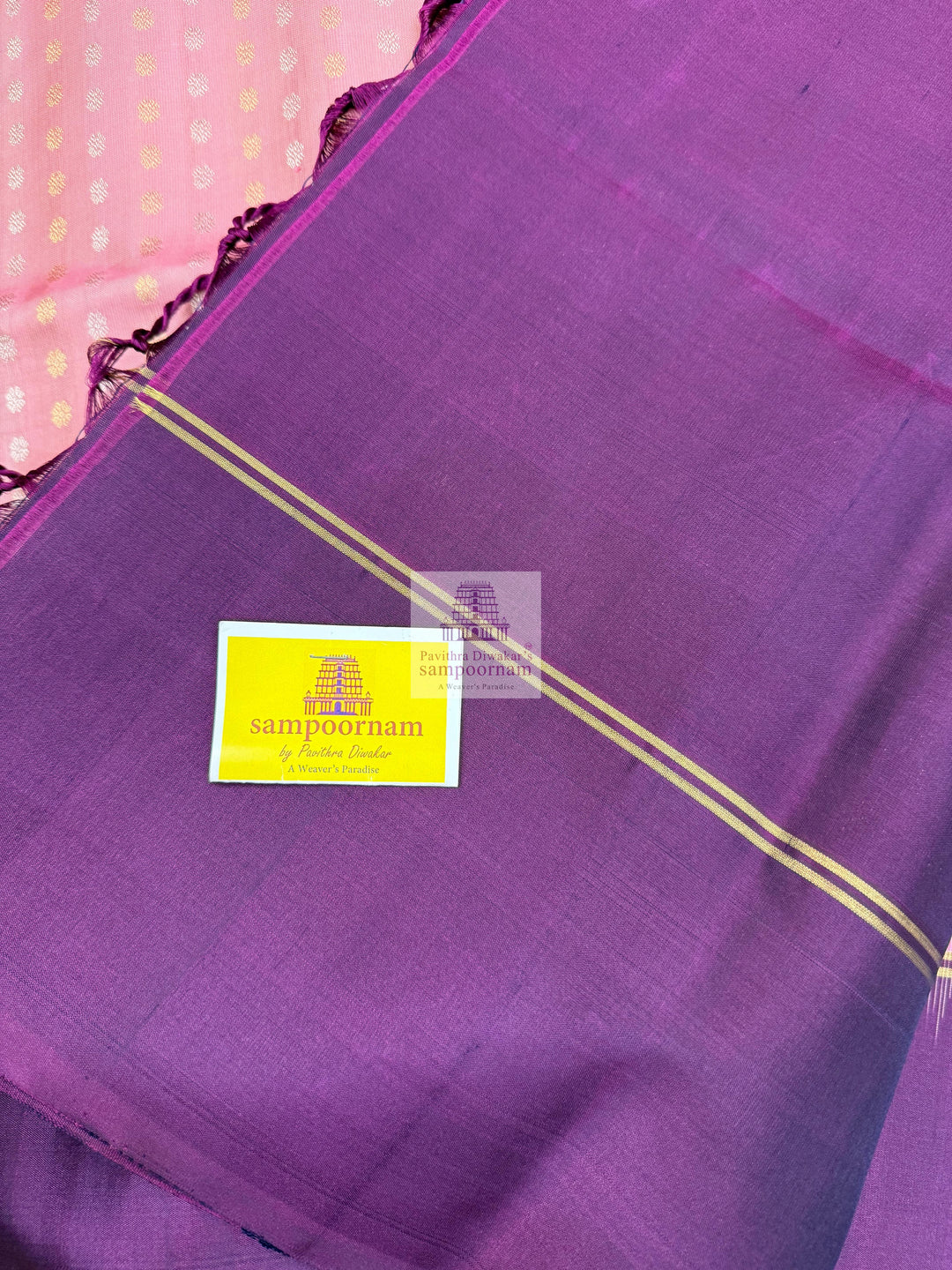 Onion Pink with Purple , Vertical Floral Silver and Gold Zari in the body , Vairaoosi lines in the boder and rich Pallu Pure Soft Silk Saree