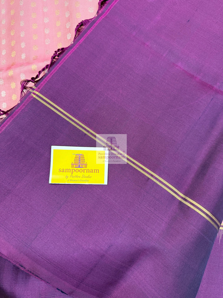 Onion Pink with Purple , Vertical Floral Silver and Gold Zari in the body , Vairaoosi lines in the boder and rich Pallu Pure Soft Silk Saree