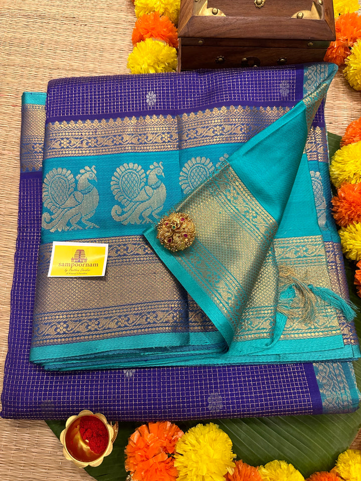 Dark Blue with Light Blue  Zari Podi Kattam with Silver Butta in the Body and Satin Peacock Motif Border and Rich Pally Korvai Silk Cotton Saree