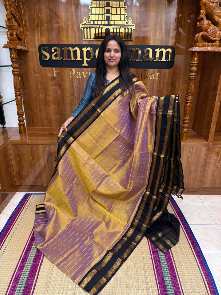 Double Shaded Gold and Lavender Saree with Zari Checks in the body and traditional Rettapet border and Grand Pallu , Korvai Silk Cotton Saree