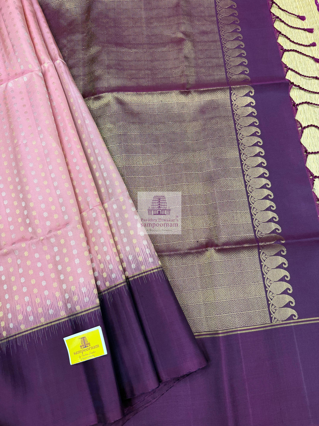 Onion Pink with Purple , Vertical Floral Silver and Gold Zari in the body , Vairaoosi lines in the boder and rich Pallu Pure Soft Silk Saree