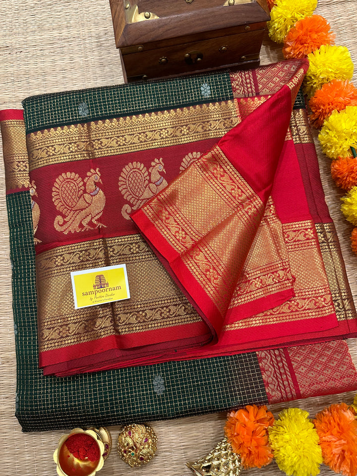 Dark green with Red  Zari Podi Kattam with Silver Butta in the Body and Satin Peacock Motif Border and Rich Pally Korvai Silk Cotton Saree