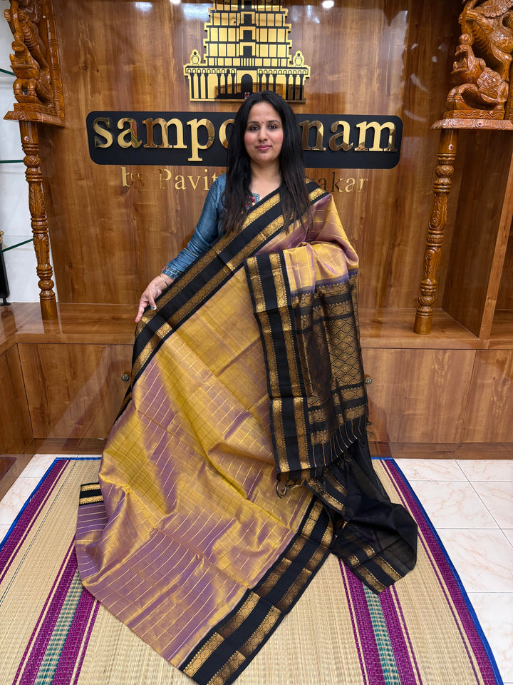 Double Shaded Gold and Lavender Saree with Zari Checks in the body and traditional Rettapet border and Grand Pallu , Korvai Silk Cotton Saree