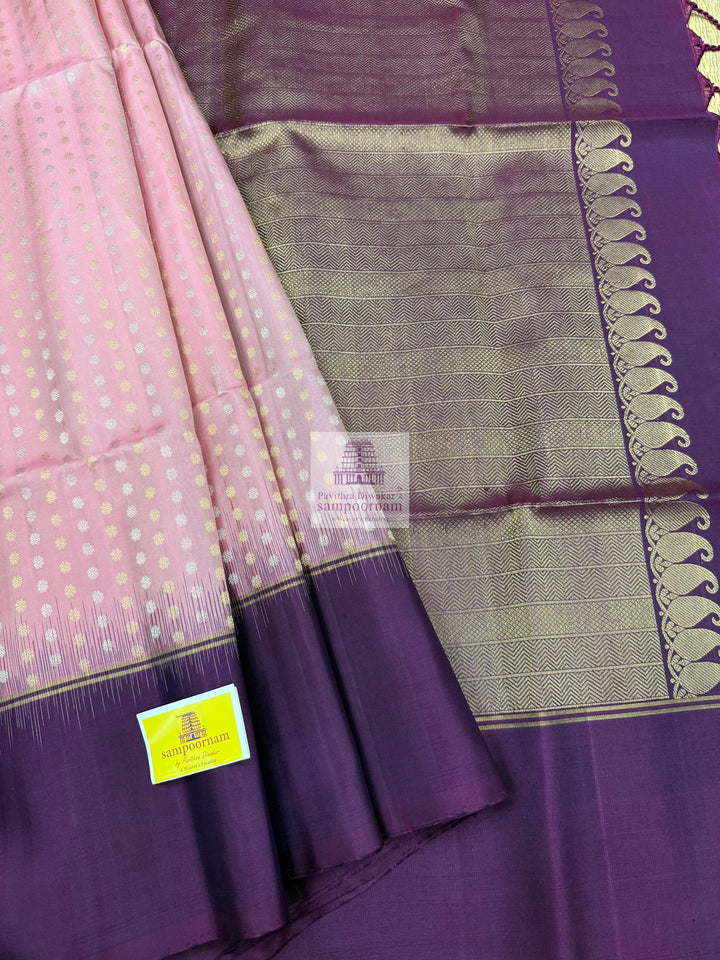 Onion Pink with Purple , Vertical Floral Silver and Gold Zari in the body , Vairaoosi lines in the boder and rich Pallu Pure Soft Silk Saree
