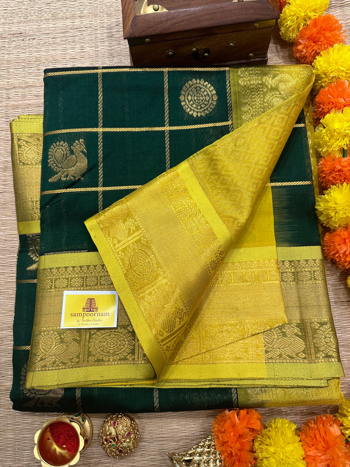 Dark Green with Lemon Yellow  Mayil Chakram Silk Cotton Saree