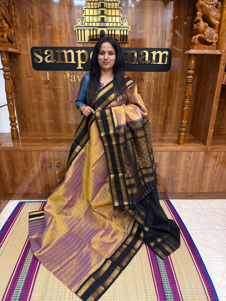 Double Shaded Gold and Lavender Saree with Zari Checks in the body and traditional Rettapet border and Grand Pallu , Korvai Silk Cotton Saree