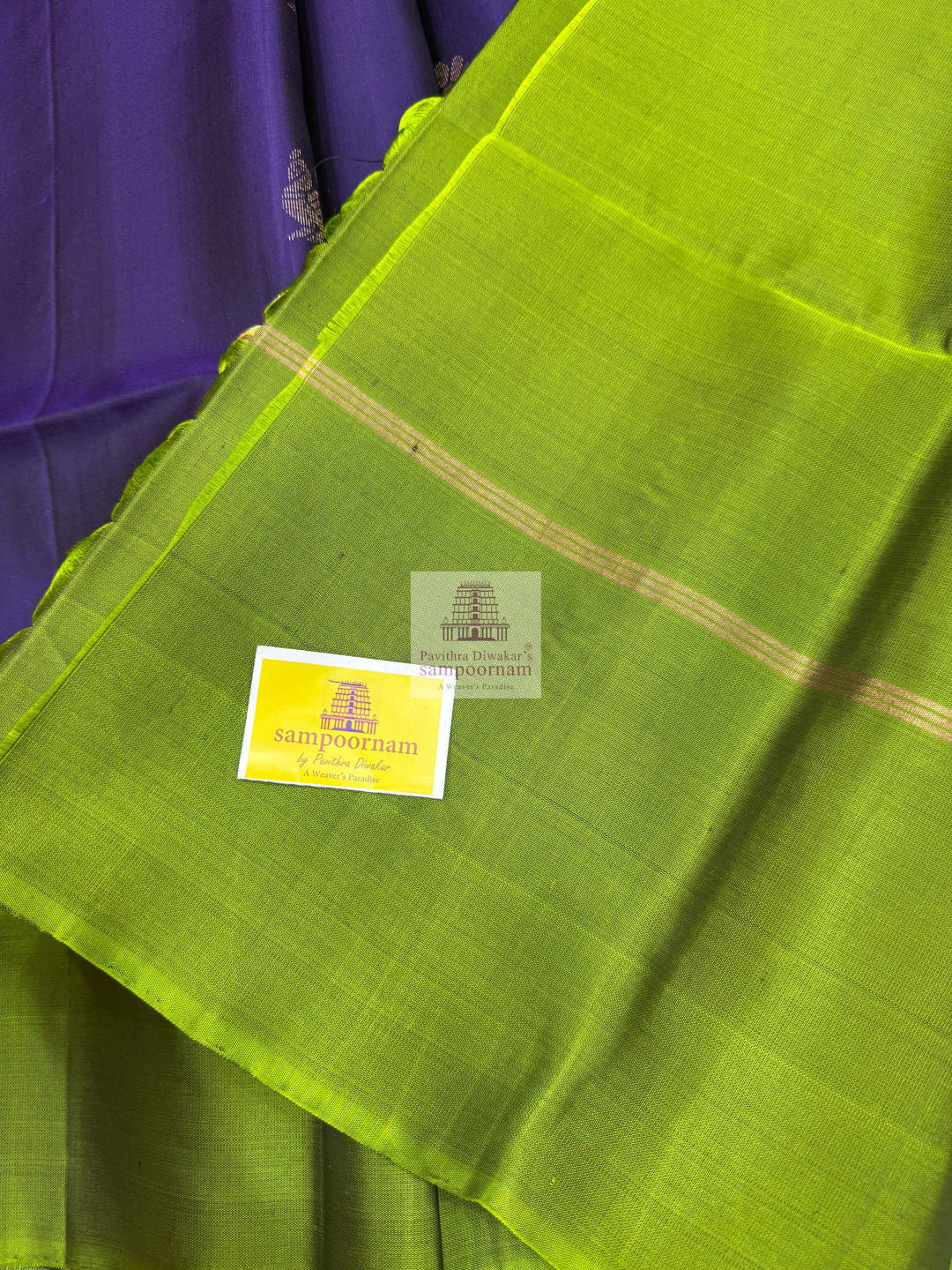 Purple with Olive Green ,  Annam and Floral butta in the body and rich Pallu Pure Soft Silk Saree