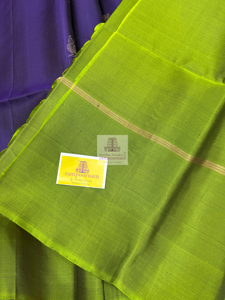 Purple with Olive Green ,  Annam and Floral butta in the body and rich Pallu Pure Soft Silk Saree