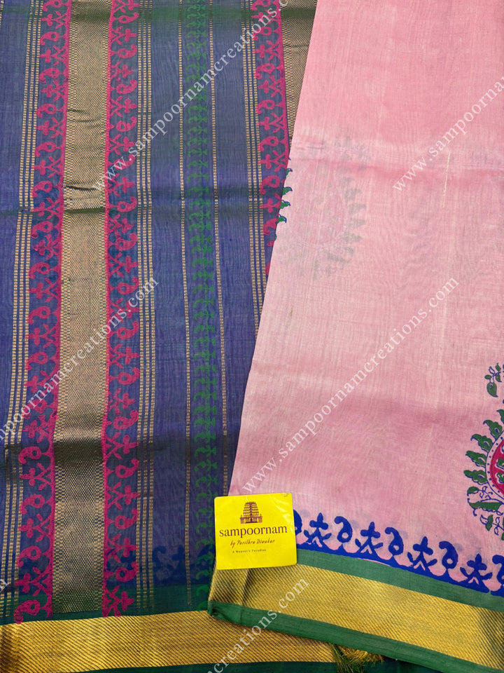 Baby Pink with Green  , Mango motif in the body  and Rich Pallu Handblock Printed Silk Cotton Saree