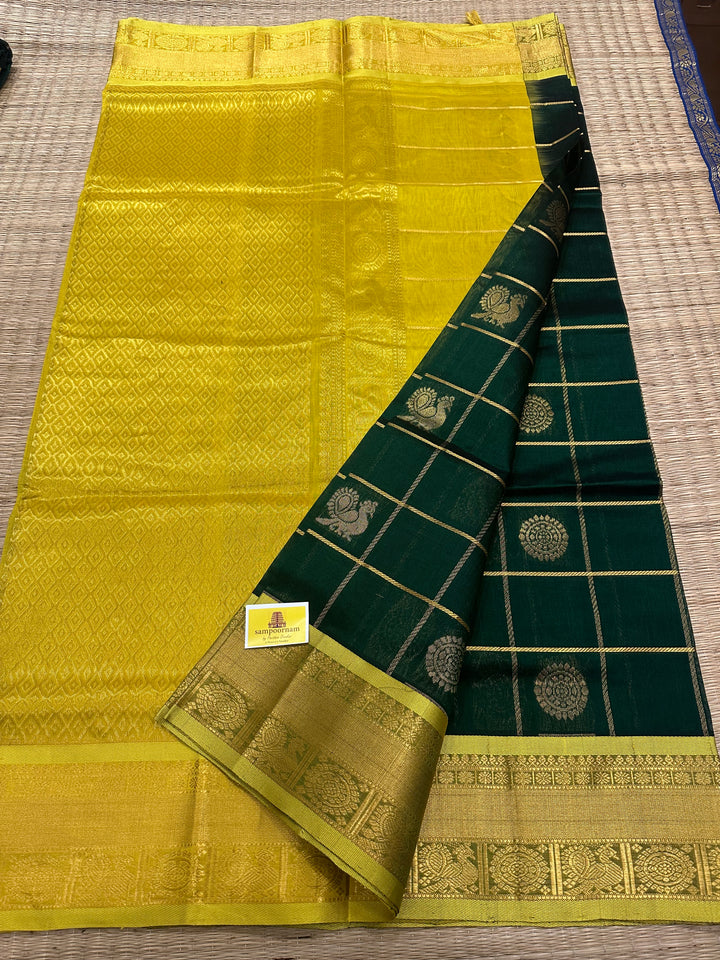 Dark Green with Lemon Yellow  Mayil Chakram Silk Cotton Saree