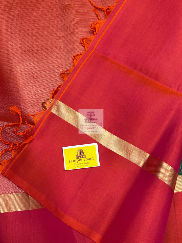 Ramar Blue with Orangish Pink , Zari checks in the body and rich Pallu Pure Soft Silk Saree