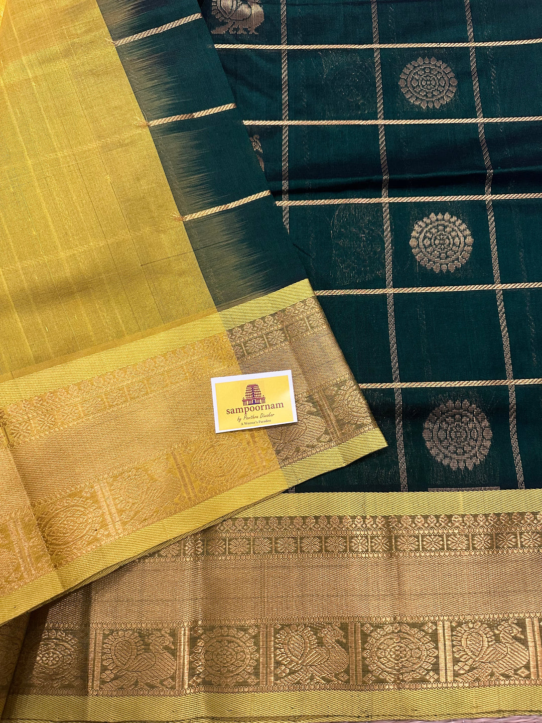 Dark Green with Lemon Yellow  Mayil Chakram Silk Cotton Saree