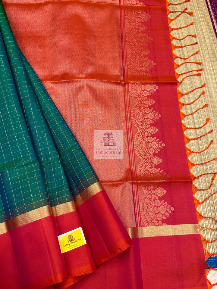 Ramar Blue with Orangish Pink , Zari checks in the body and rich Pallu Pure Soft Silk Saree