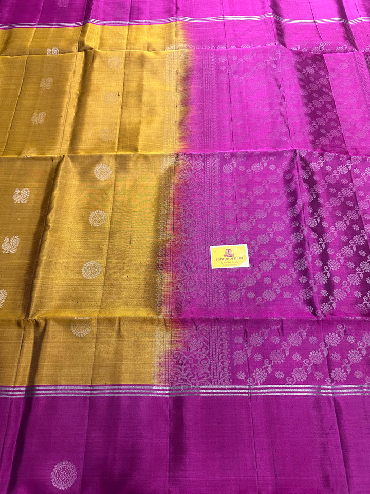 Fenugreek Gold with Magenta Mayil and Chakram Butta Silver Zari Pure Soft Silk Saree