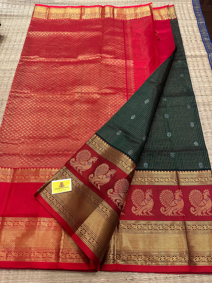 Dark green with Red  Zari Podi Kattam with Silver Butta in the Body and Satin Peacock Motif Border and Rich Pally Korvai Silk Cotton Saree