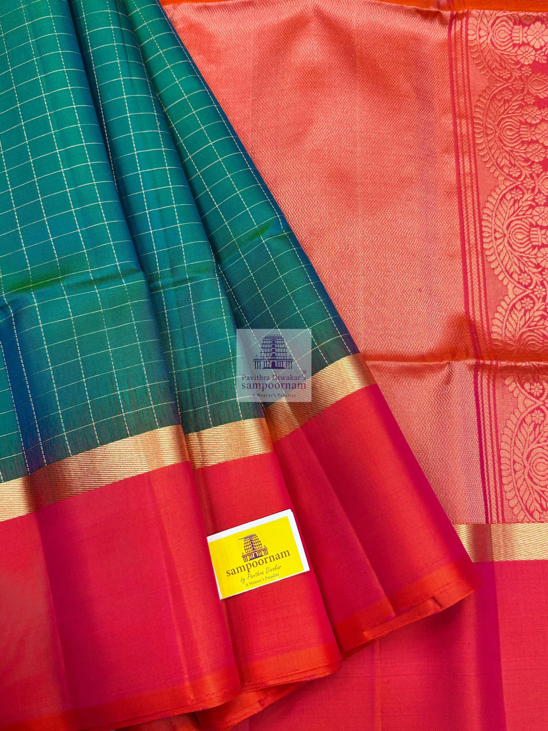 Ramar Blue with Orangish Pink , Zari checks in the body and rich Pallu Pure Soft Silk Saree