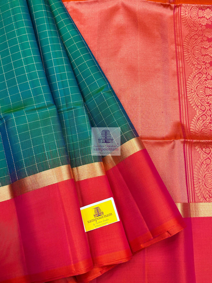 Ramar Blue with Orangish Pink , Zari checks in the body and rich Pallu Pure Soft Silk Saree