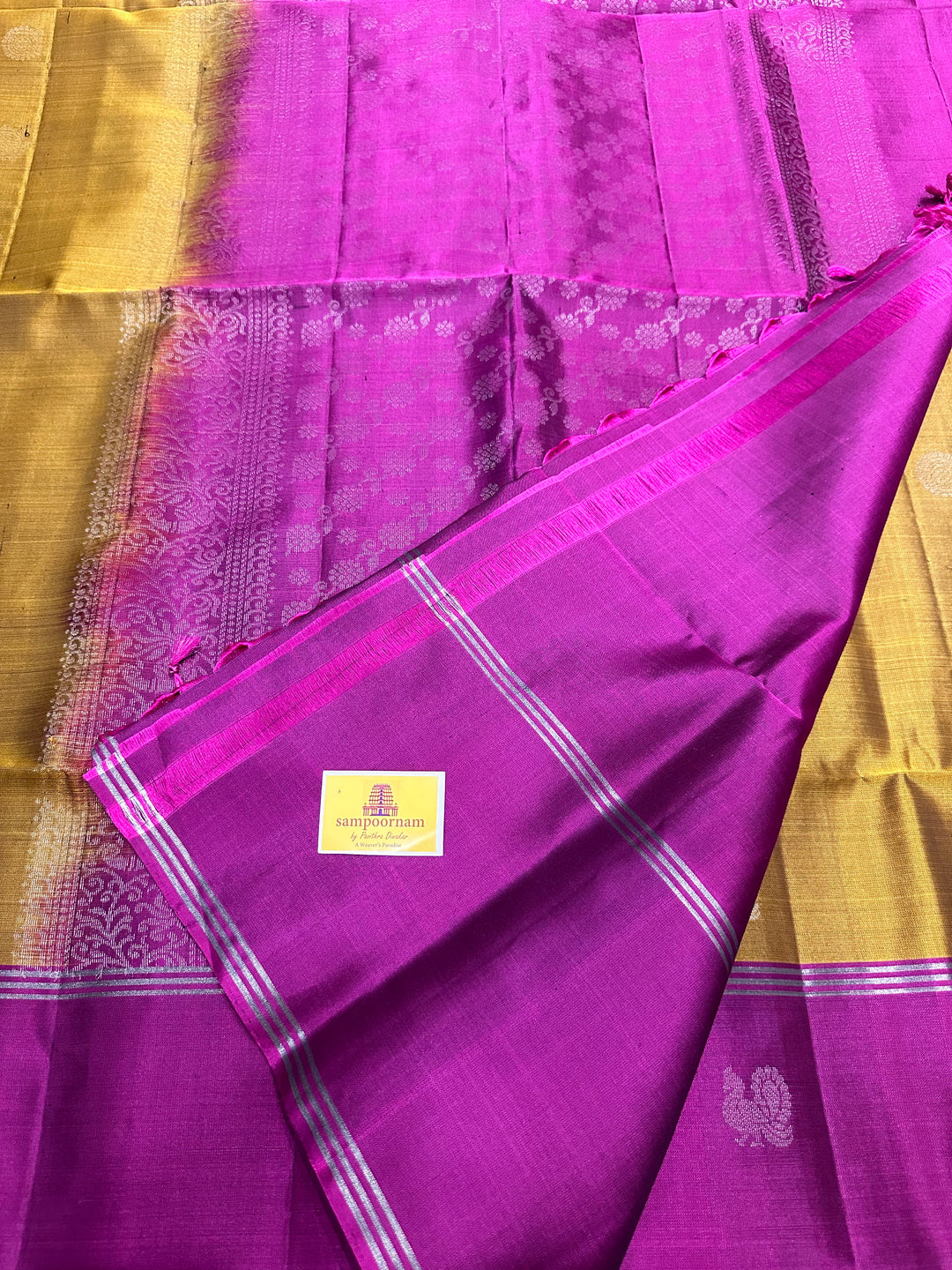 Fenugreek Gold with Magenta Mayil and Chakram Butta Silver Zari Pure Soft Silk Saree