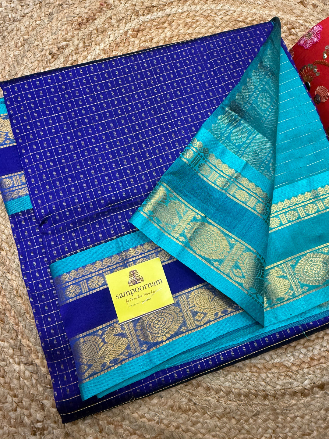 Blue with Turquoise Blue , Zari  butta in the body , rettapet  border and rich Pallu Lakshadeepam Silk Cotton Saree