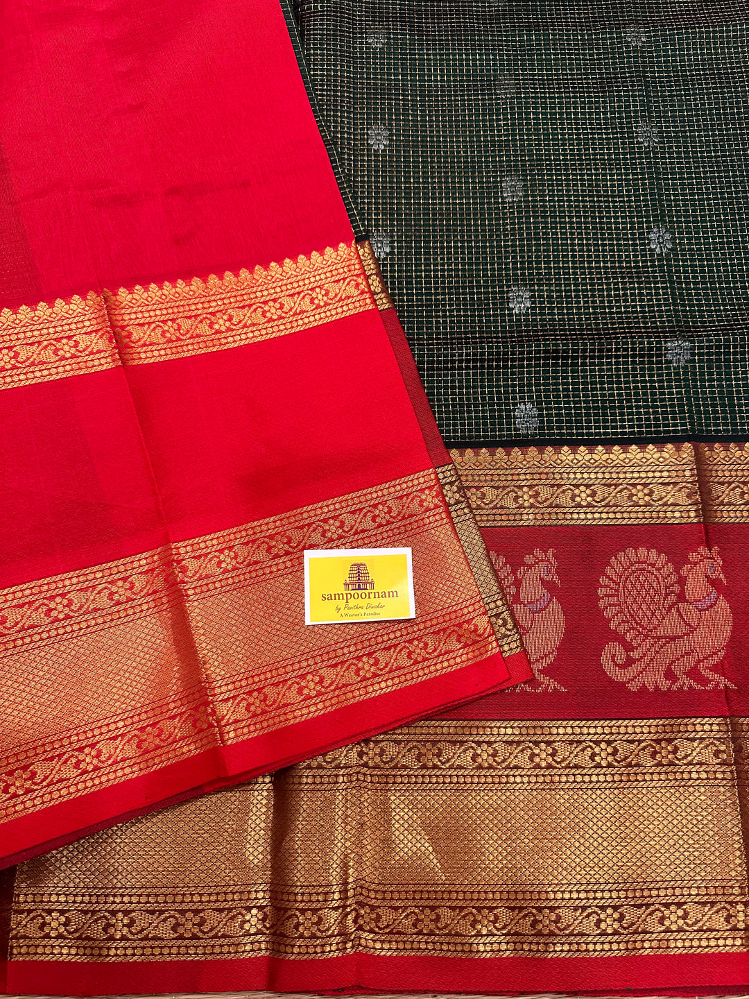 Dark green with Red  Zari Podi Kattam with Silver Butta in the Body and Satin Peacock Motif Border and Rich Pally Korvai Silk Cotton Saree