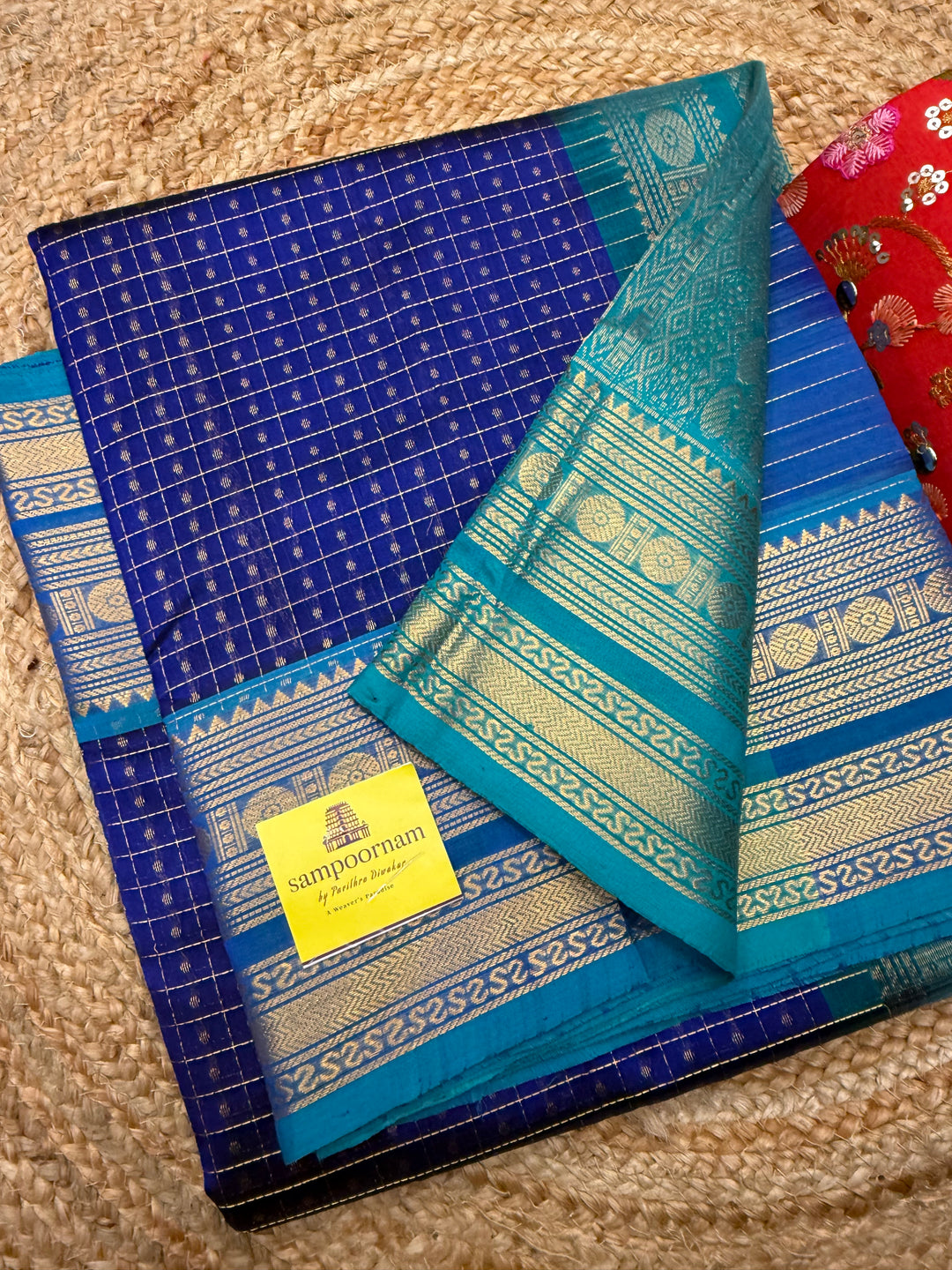 Blue with Turquoise Blue , Zari  butter in the body , Traditional border and rich Pallu Lakshadeepam Silk Cotton Saree