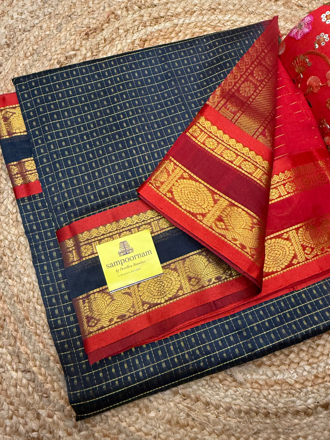 Dark Blue with Red , Zari  butta in the body , rettapet border and rich Pallu Lakshadeepam Silk Cotton Saree