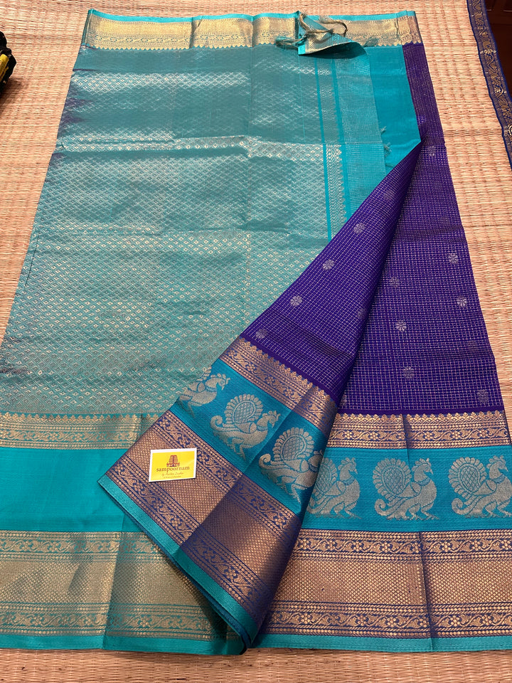 Dark Blue with Light Blue  Zari Podi Kattam with Silver Butta in the Body and Satin Peacock Motif Border and Rich Pally Korvai Silk Cotton Saree