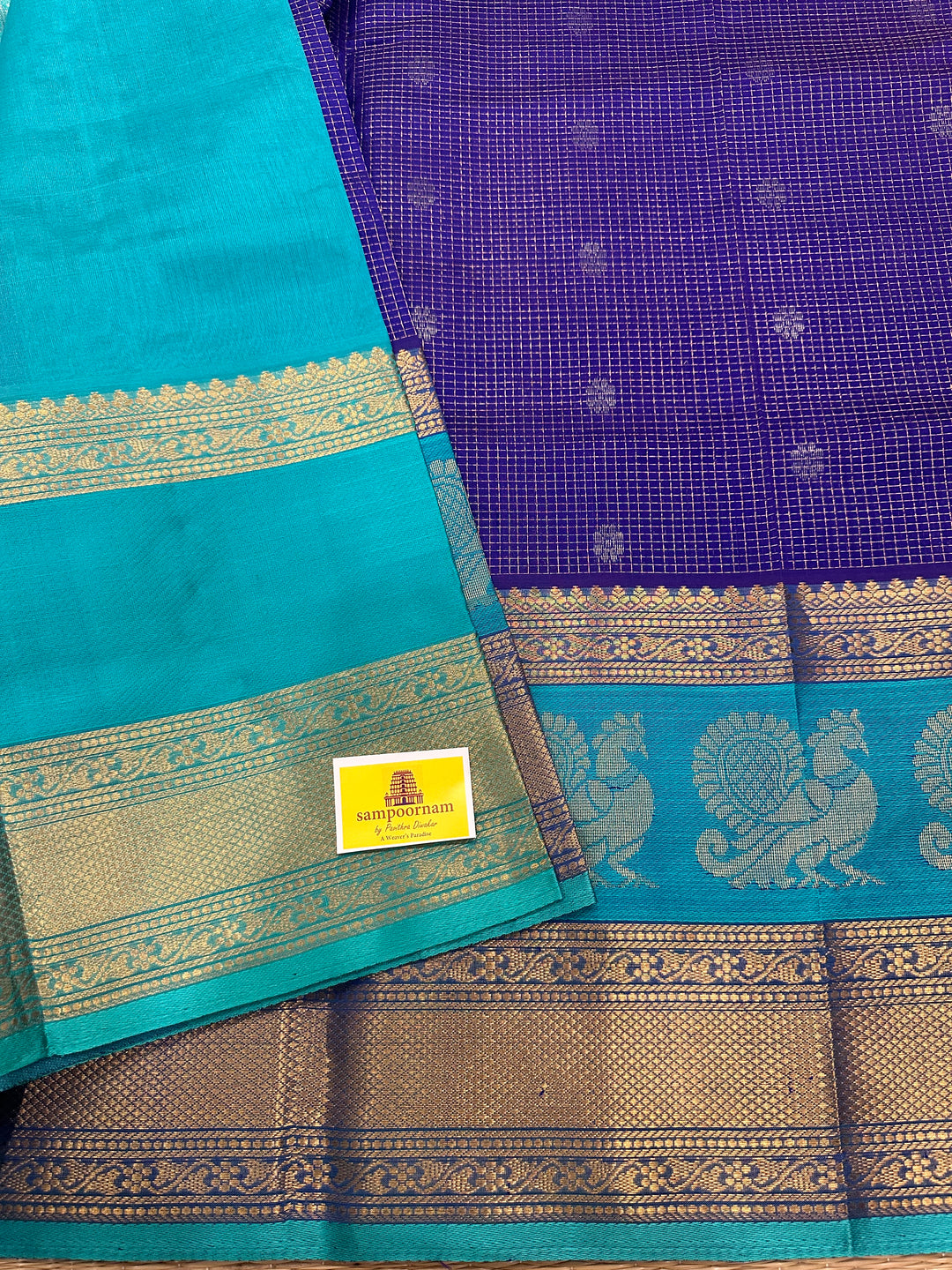 Dark Blue with Light Blue  Zari Podi Kattam with Silver Butta in the Body and Satin Peacock Motif Border and Rich Pally Korvai Silk Cotton Saree