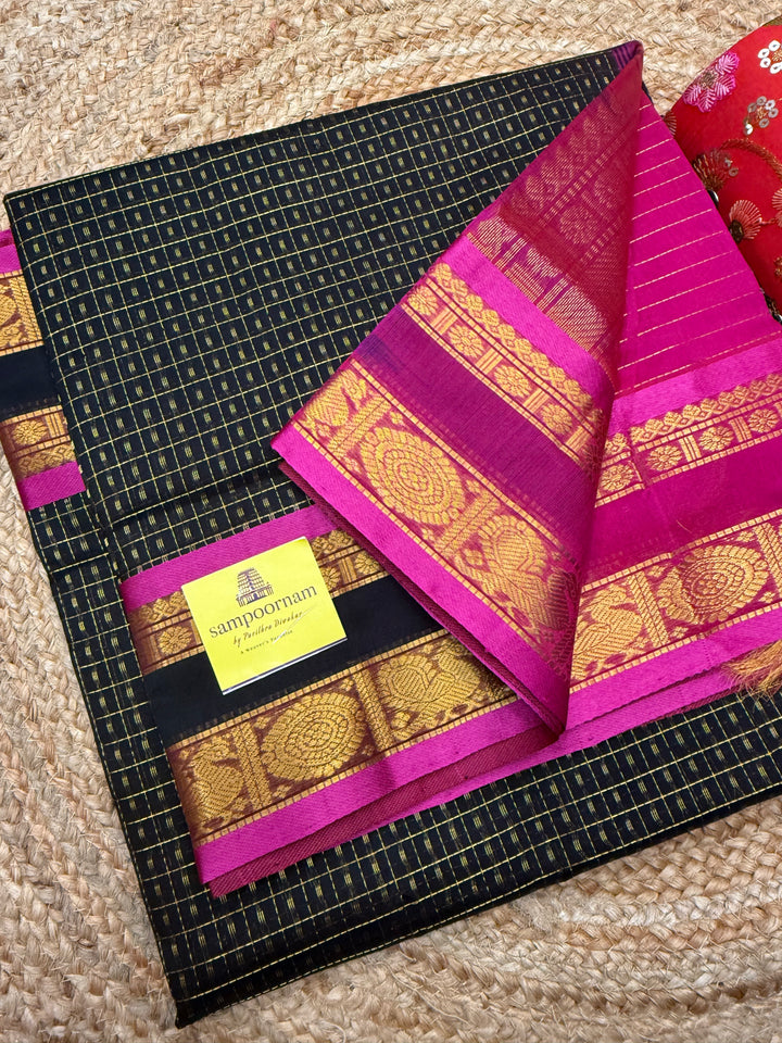 Black with Pink , Zari  butta in the body , rettapet  border and rich Pallu Lakshadeepam Silk Cotton Saree