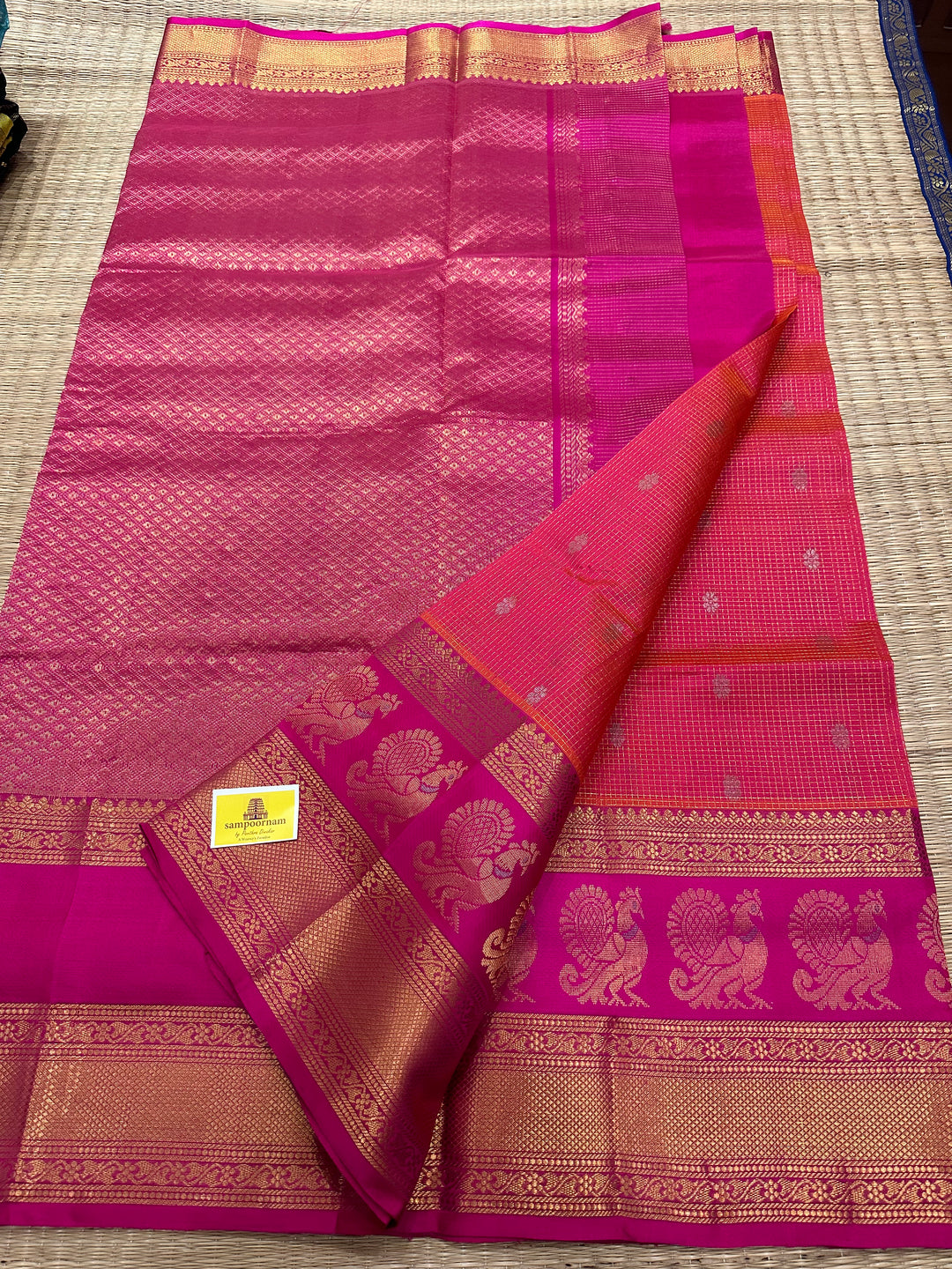 Pink with Magenta Zari Podi Kattam with Silver Butta in the Body and Satin Peacock Motif Border and Rich Pally Korvai Silk Cotton Saree