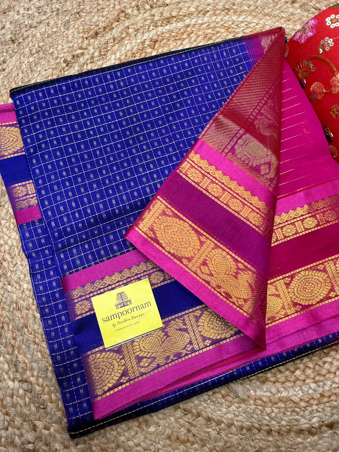 MS Blue with Pink , Zari  butta in the body , rettapet  border and rich Pallu Lakshadeepam Silk Cotton Saree