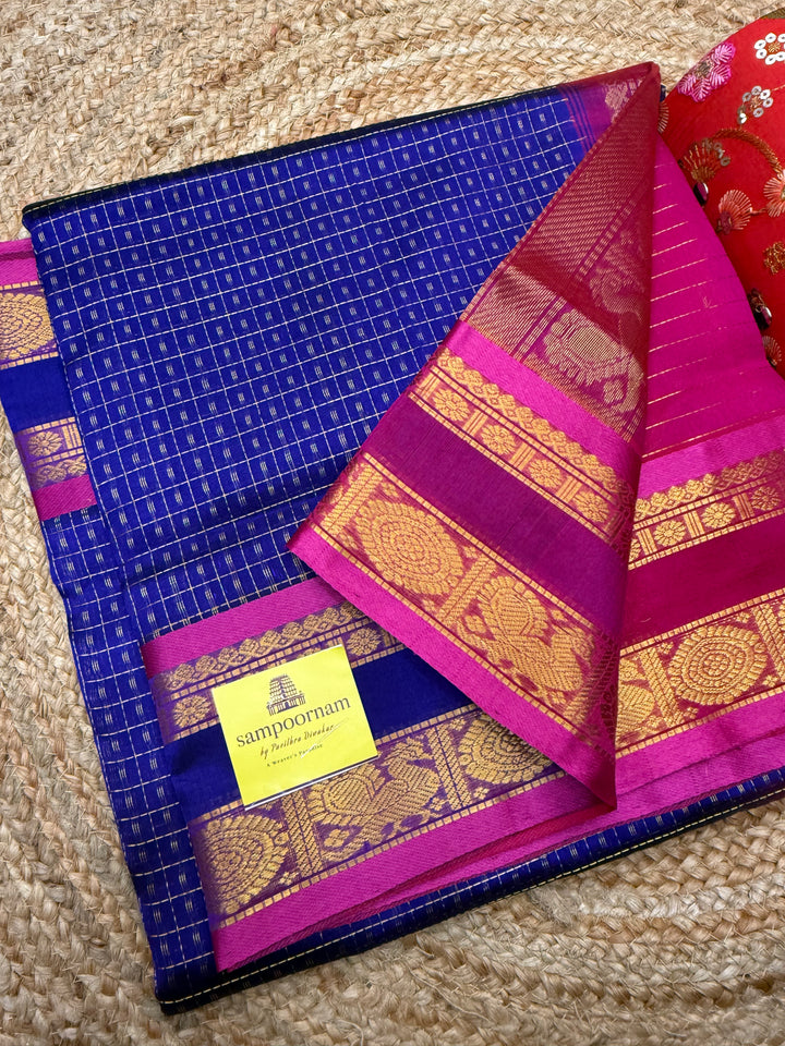 MS Blue with Pink , Zari  butta in the body , rettapet  border and rich Pallu Lakshadeepam Silk Cotton Saree