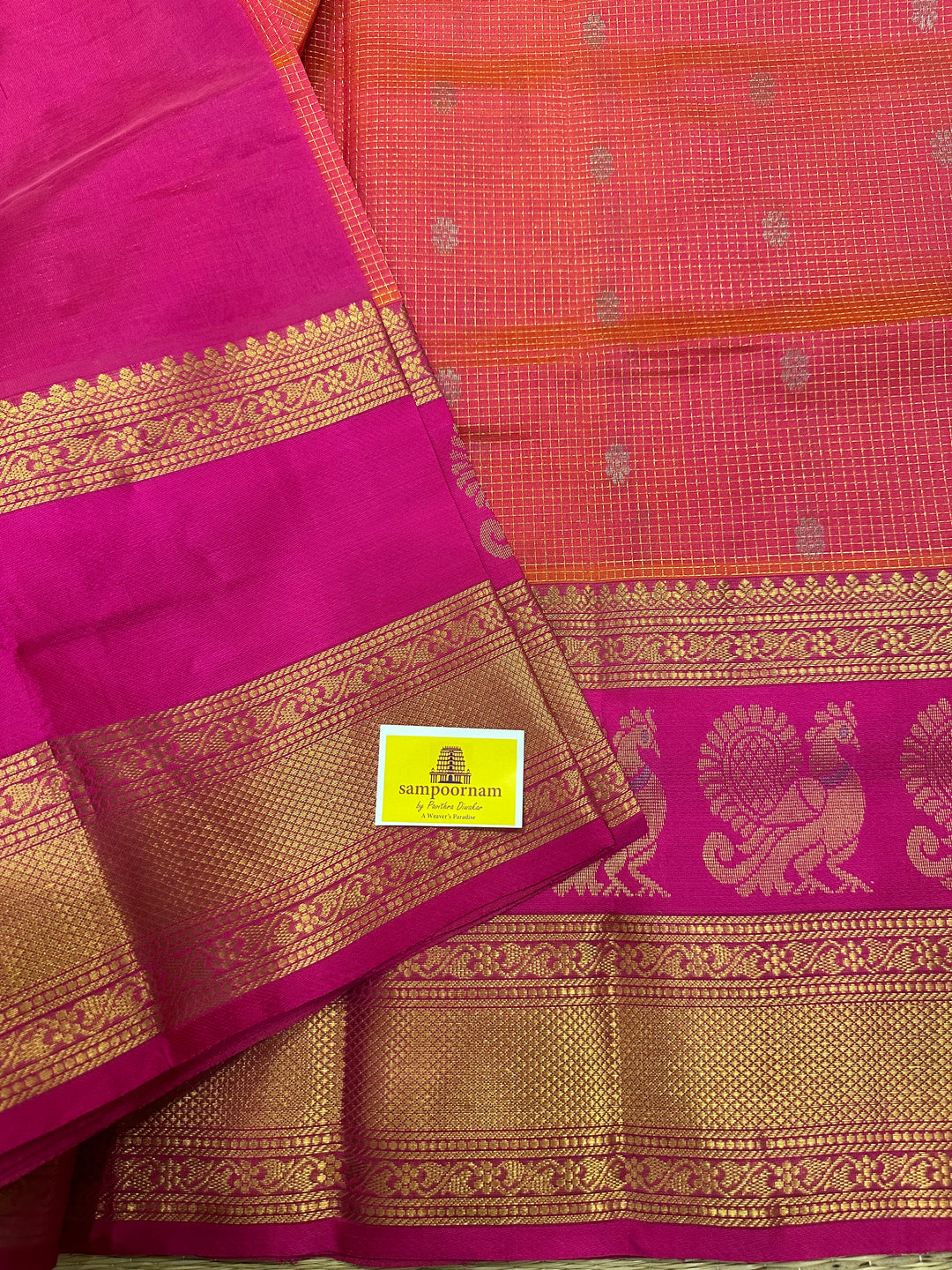 Pink with Magenta Zari Podi Kattam with Silver Butta in the Body and Satin Peacock Motif Border and Rich Pally Korvai Silk Cotton Saree