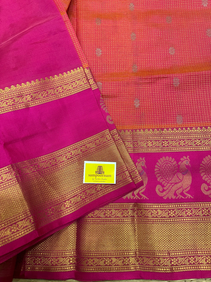 Pink with Magenta Zari Podi Kattam with Silver Butta in the Body and Satin Peacock Motif Border and Rich Pally Korvai Silk Cotton Saree