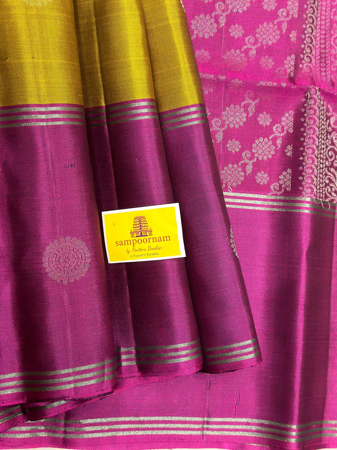 Fenugreek Gold with Magenta Mayil and Chakram Butta Silver Zari Pure Soft Silk Saree