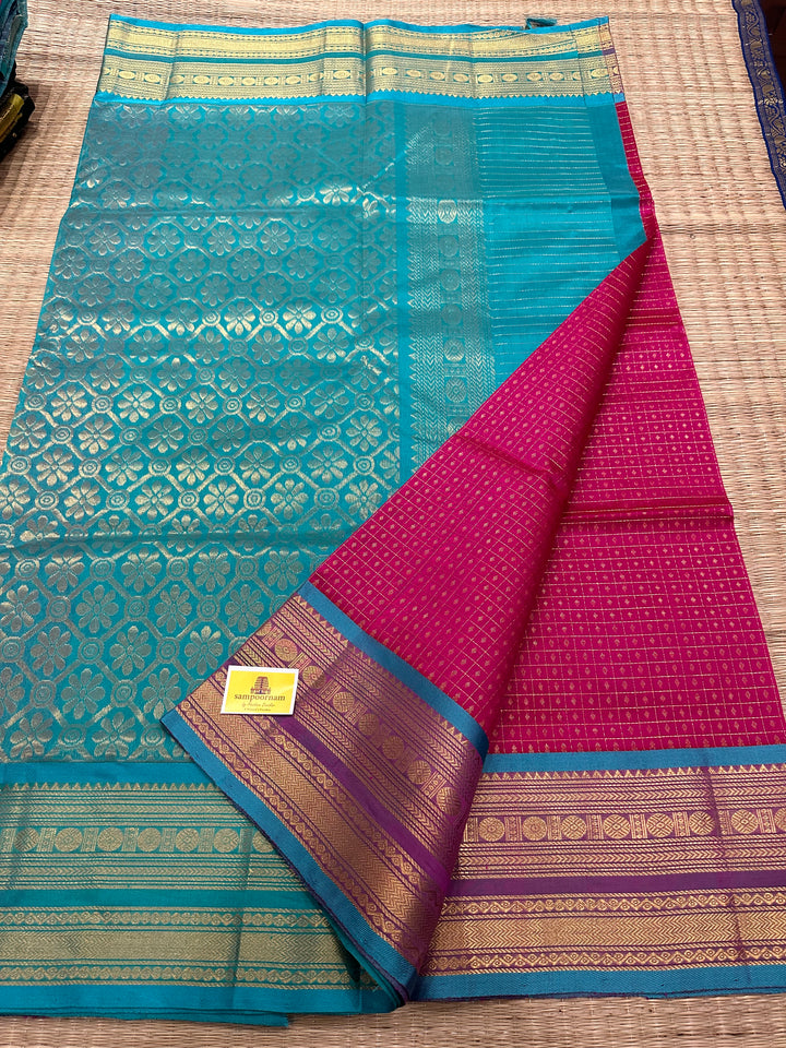 Magenta with Turquoise Blue Zari Lakshadeepam Silk Cotton Saree