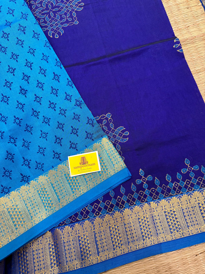 Blue with Blue Kolam Handblock Printed Silk Cotton Saree